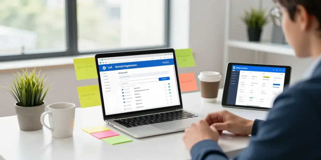 Engaged professional performing a domain name search UK in a bright office.