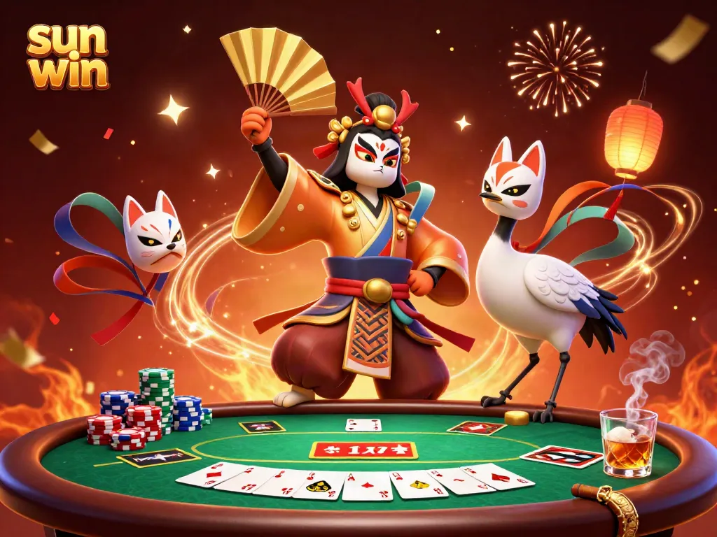 Win big at sun win with thrilling poker action featuring kabuki warrior and kitsune mask companions.