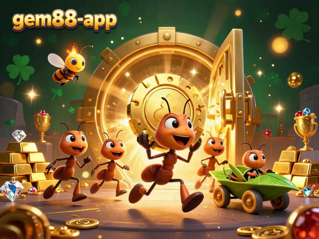Ants stealthily carrying a golden poker chip in the gem88-app casino heist scene.