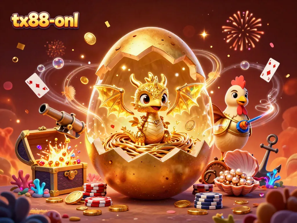 Experience excitement at tx88-onl with a golden dragon on poker chips, treasure, and casino elements.
