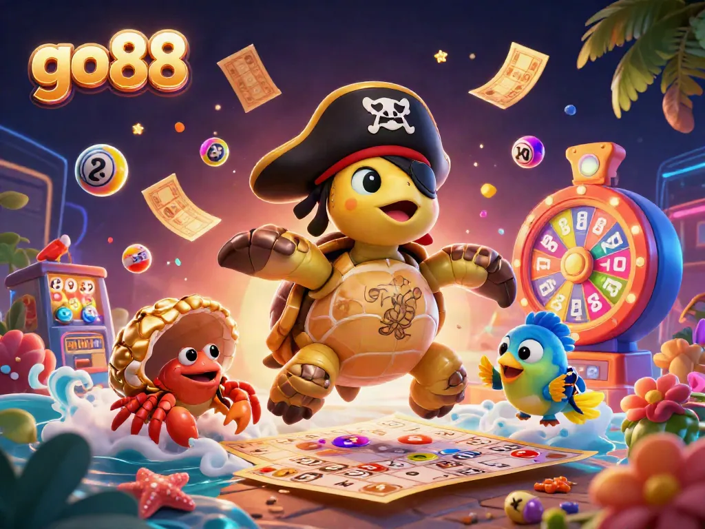 Experience exciting gameplay with go88, a vibrant cartoon casino scene bursting with colorful lottery elements.