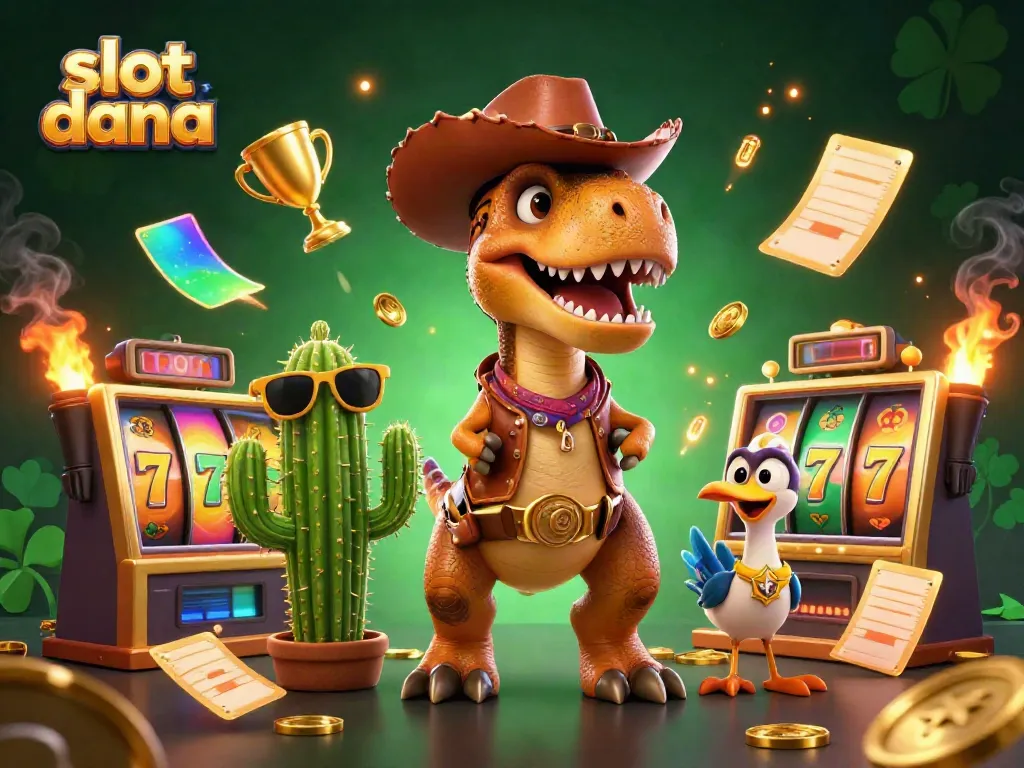 Engage in thrilling slot dana games with a dynamic T-Rex, cactus sidekick, and roadrunner in vibrant casino artwork.