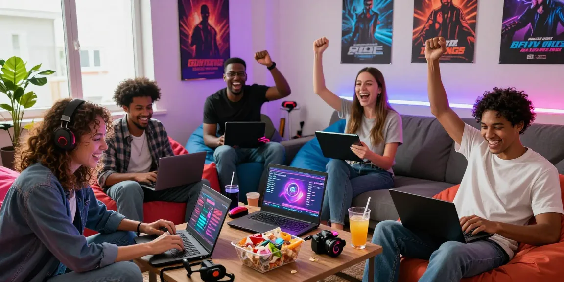 Group of friends enjoying free porn games in a lively gaming setup with vibrant decor.