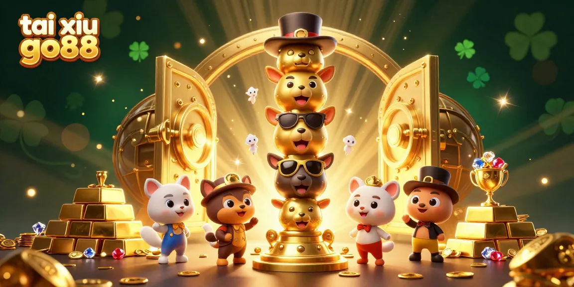 Engage with tai xiu go88 at an exciting casino scene filled with treasures and lively characters.