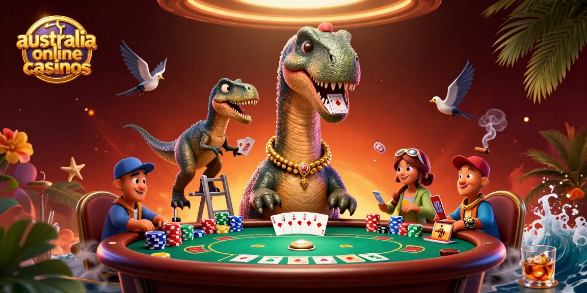 Play poker at australia online casinos with a giant cartoon brontosaurus and clever raptor dealing cards.