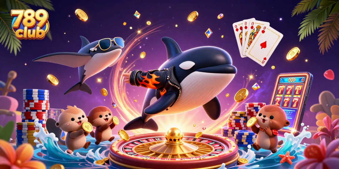 Experience exciting gaming action at 789 club with an orca in a leather jacket leaping amidst golden treasures.