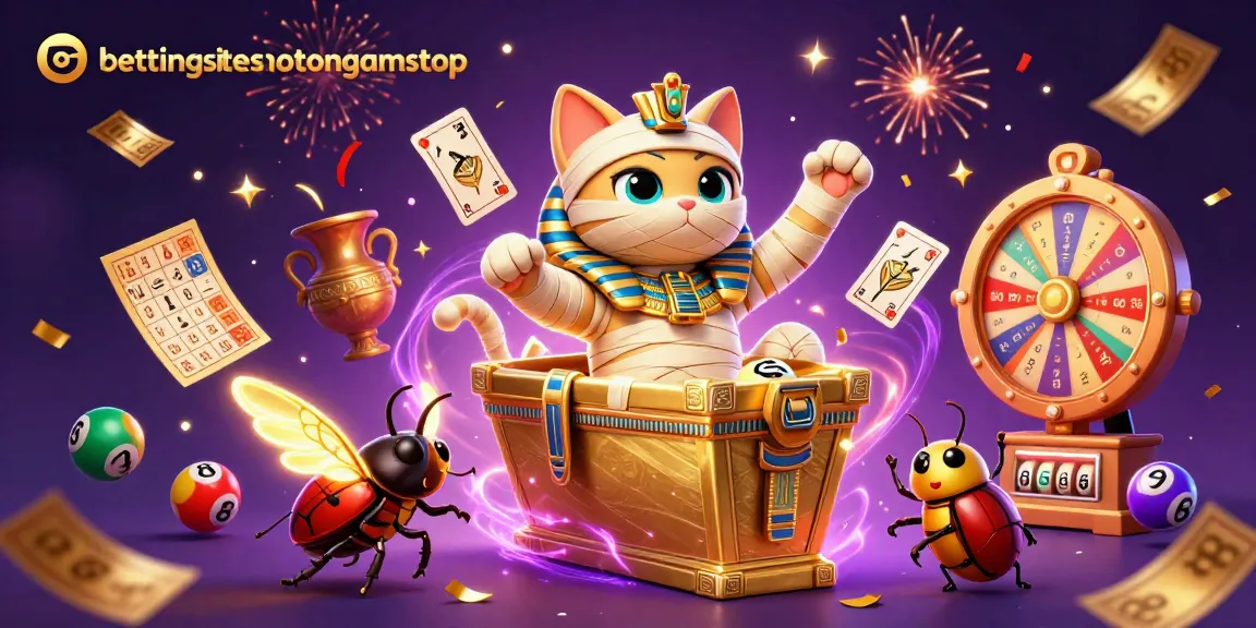Experience the thrill with bettingsitesnotongamstop in this vibrant casino scene featuring a mummy cat and scarab beetle.