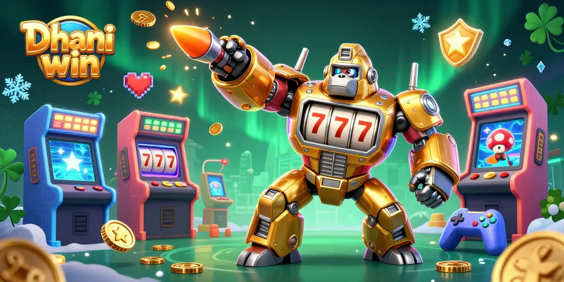 Dhani win showcases an exciting 3D gaming scene with a golden mech and colorful arcade elements bursting into action.