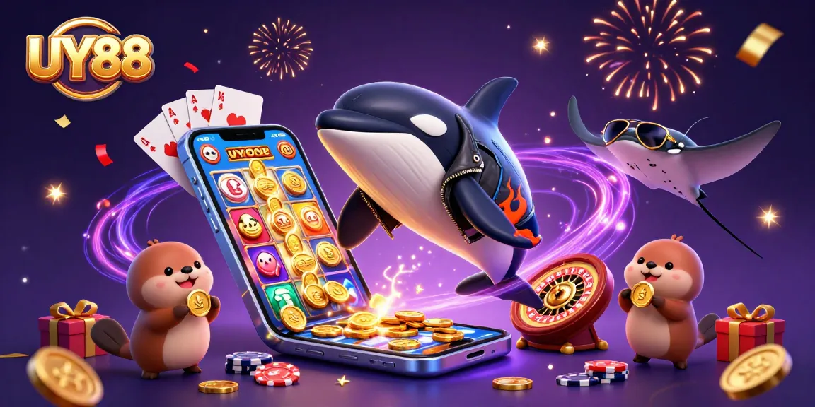 Join UY88's lively gaming world as a cartoon orca jumps with excitement, surrounded by golden coins.