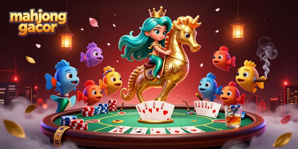 Experience the thrill of mahjong gacor with vibrant casino-themed illustration featuring lively characters.