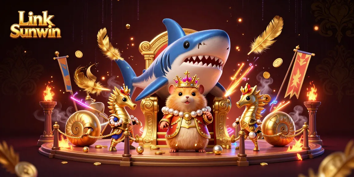 Engage in thrilling action at Link Sunwin with a majestic hamster king and seahorse guards in a vibrant casino scene.