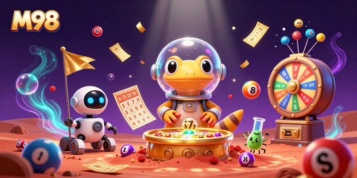 M98 showcases a retro Martian gecko uncovering a hidden golden casino, surrounded by lottery elements.