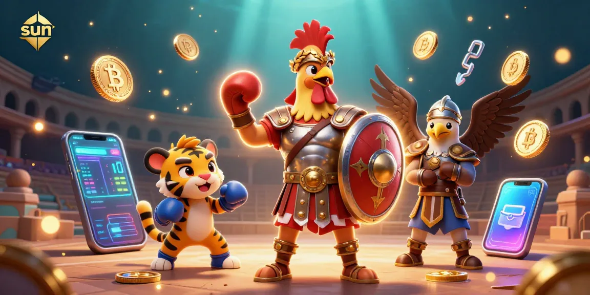 Join the action at Sun's vibrant gambling scene with 3D rooster and cub amidst digital assets.