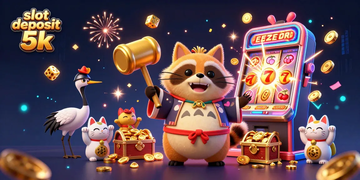 Engage in exciting gameplay with slot deposit 5k through a vibrant 3D casino scene featuring joyfully animated characters and dynamic slot elements.