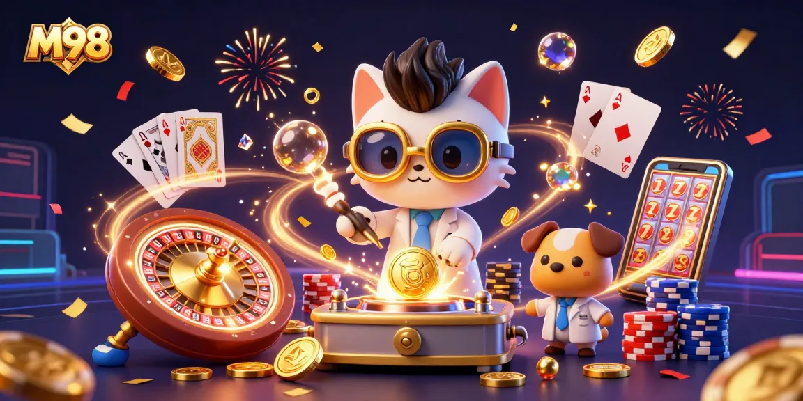 M98 spins up excitement with a cartoon mad scientist and dog creating gold coins in a vibrant casino scene.