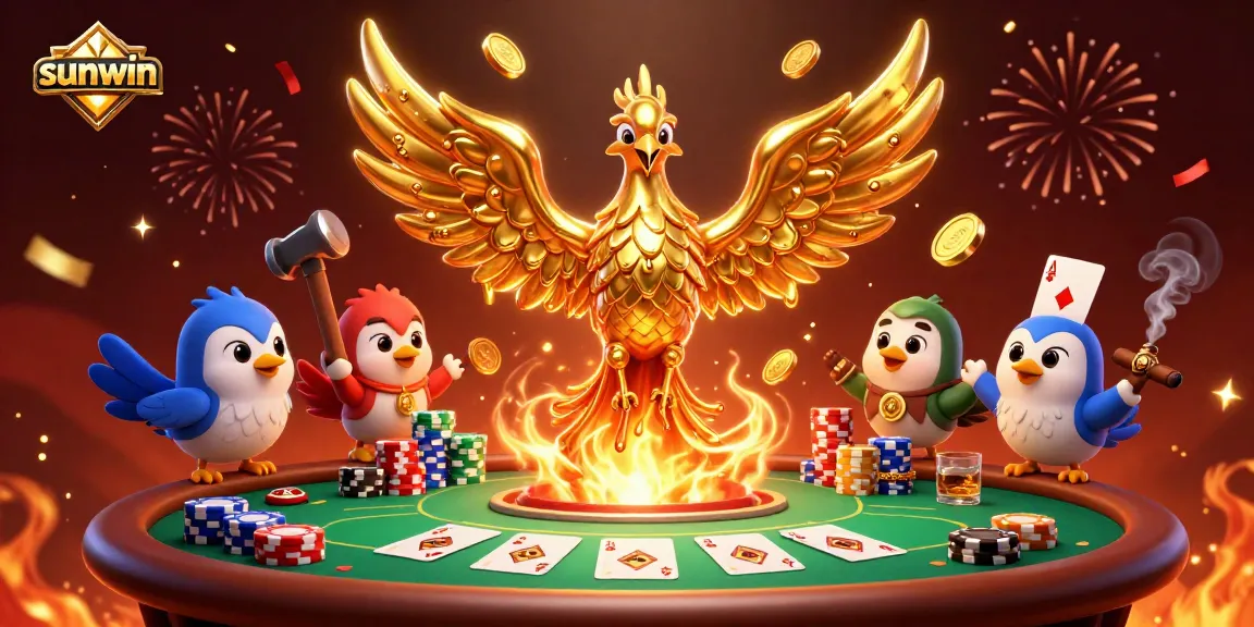 Experience the excitement of sunwin with a golden phoenix and poker games in a vibrant casino scene.