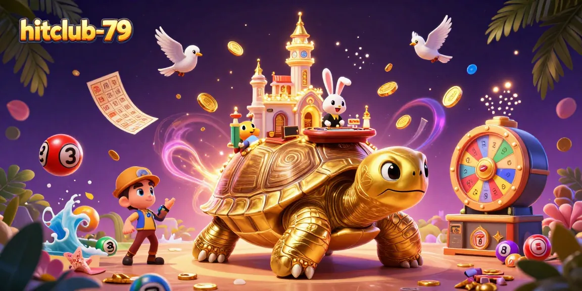 Experience gaming thrills with hitclub-79, featuring a golden tortoise casino and vibrant lottery elements.